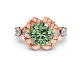 Rose gold Fancy Green Round  Cut Diamond Floral Halo Engagement Ring with Shared Prong Setting 1