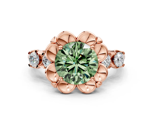 Rose gold Fancy Green Round  Cut Diamond Floral Halo Engagement Ring with Shared Prong Setting
