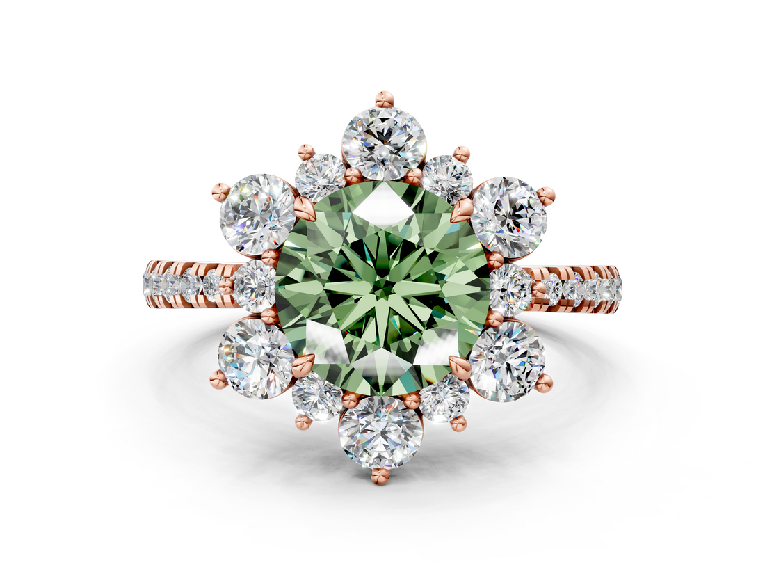Rose gold Fancy Green Round  Cut Diamond Floral Halo Pave Band with Prong Setting_37