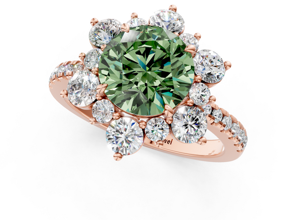 Rose gold Fancy Green Round  Cut Diamond Floral Halo Pave Band with Prong Setting