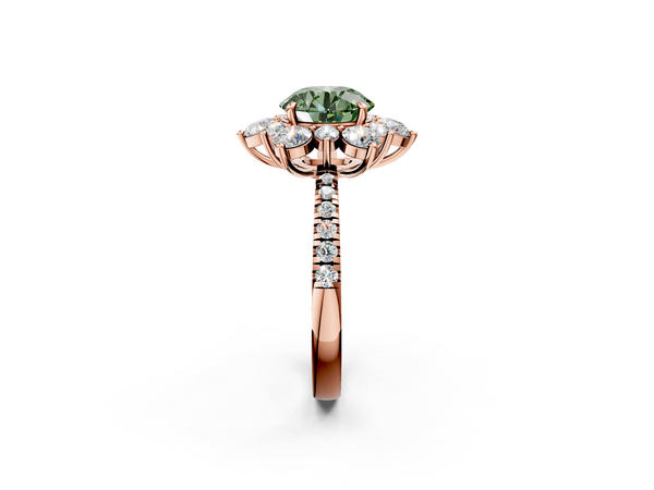 Rose gold Fancy Green Round  Cut Diamond Floral Halo Pave Band with Prong Setting