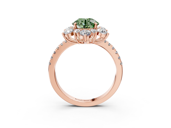 Rose gold Fancy Green Round  Cut Diamond Floral Halo Pave Band with Prong Setting