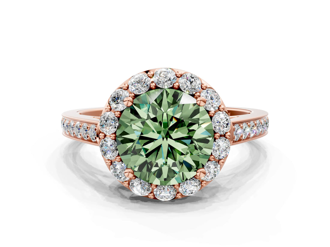 Rose gold Fancy Green Round Cut Diamond Floral Halo Ring with Pavé Band and Prong Setting_3