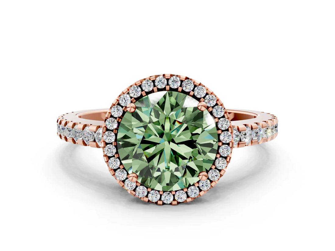 Rose gold Fancy Green Round Cut Diamond Halo Engagement Ring with Pavé Band and Prong Setting_27
