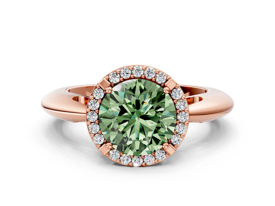 Rose gold Fancy Green Round  Cut Diamond Halo Engagement Ring with Split Shank and Four-Prong Setting_107