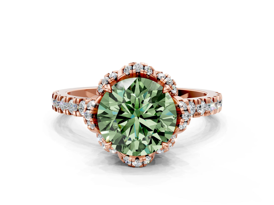 Rose gold Fancy Green Round Cut Diamond Halo Pave Band with Four-Prong Setting_3
