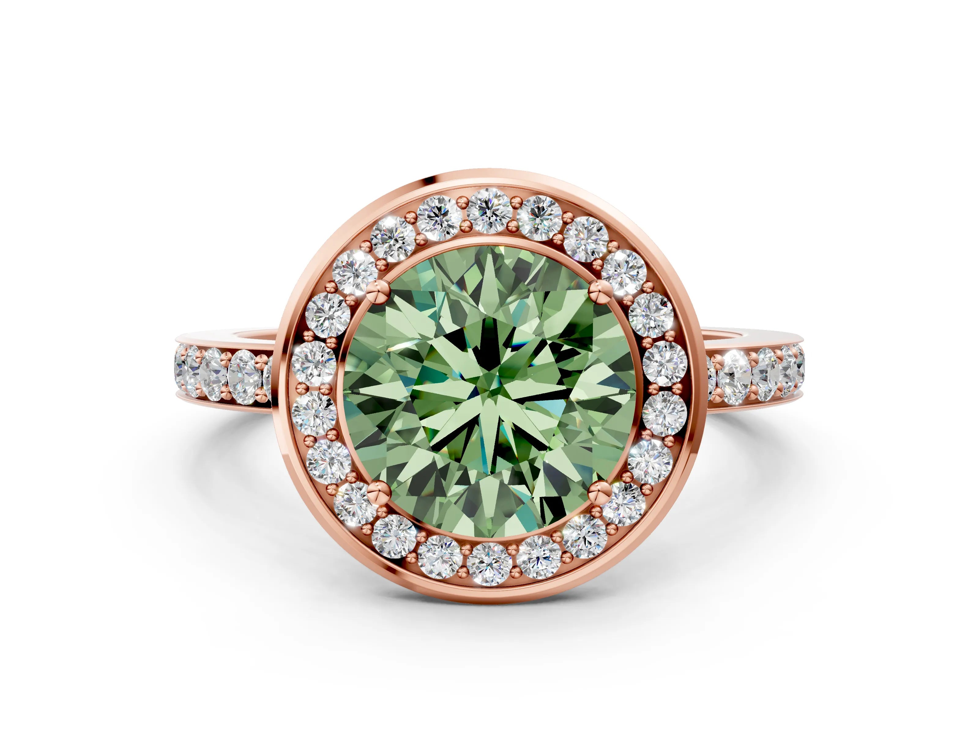 Rose gold Fancy Green Round Cut Diamond Halo Ring with Bezel Frame and Pavé Band
