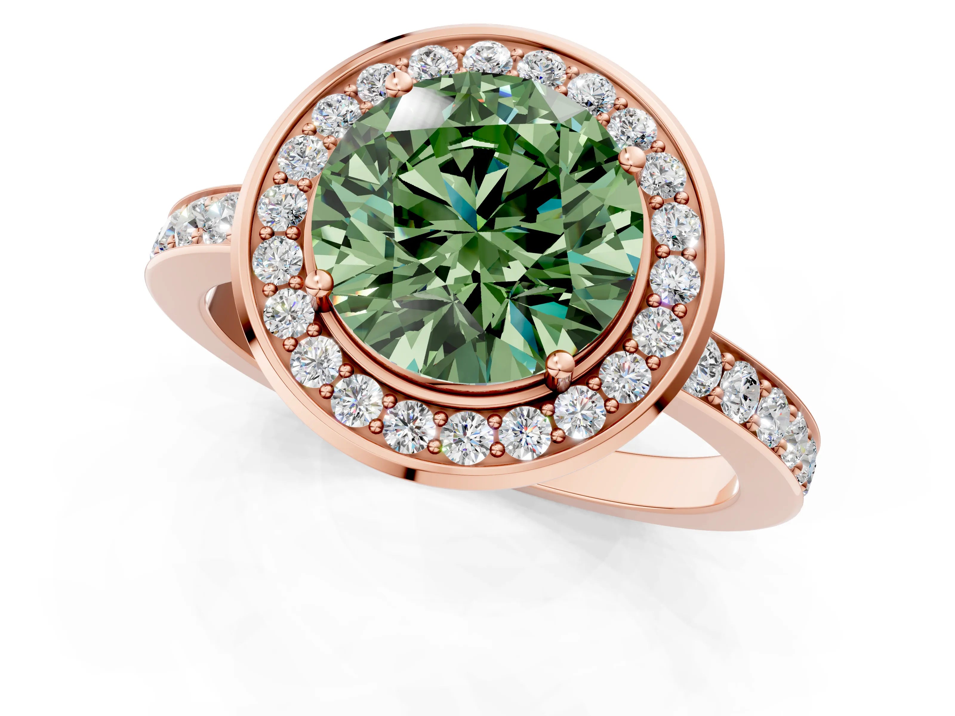 Rose gold Fancy Green Round Cut Diamond Halo Ring with Bezel Frame and Pavé Band_1