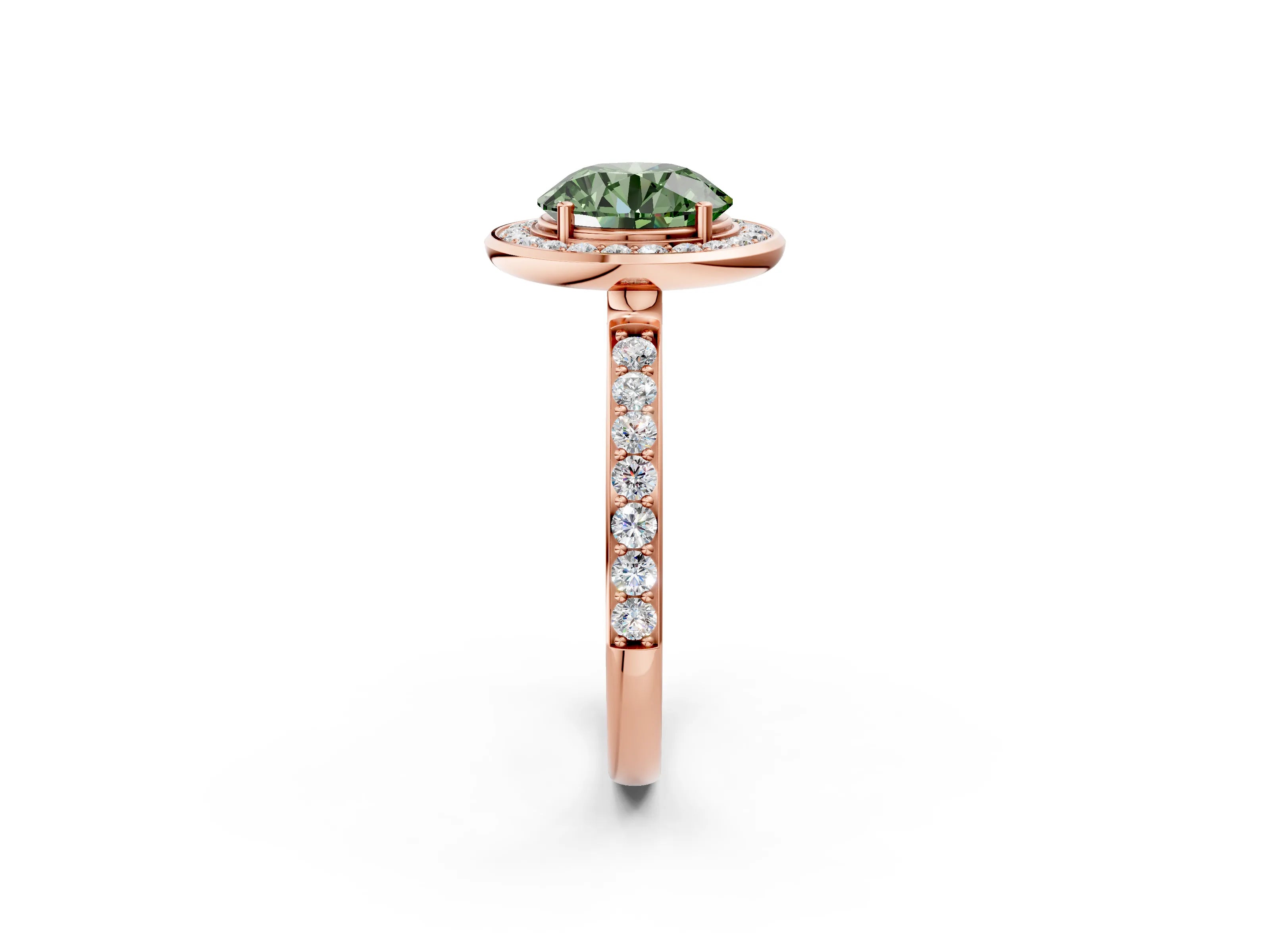 Rose gold Fancy Green Round Cut Diamond Halo Ring with Bezel Frame and Pavé Band_2