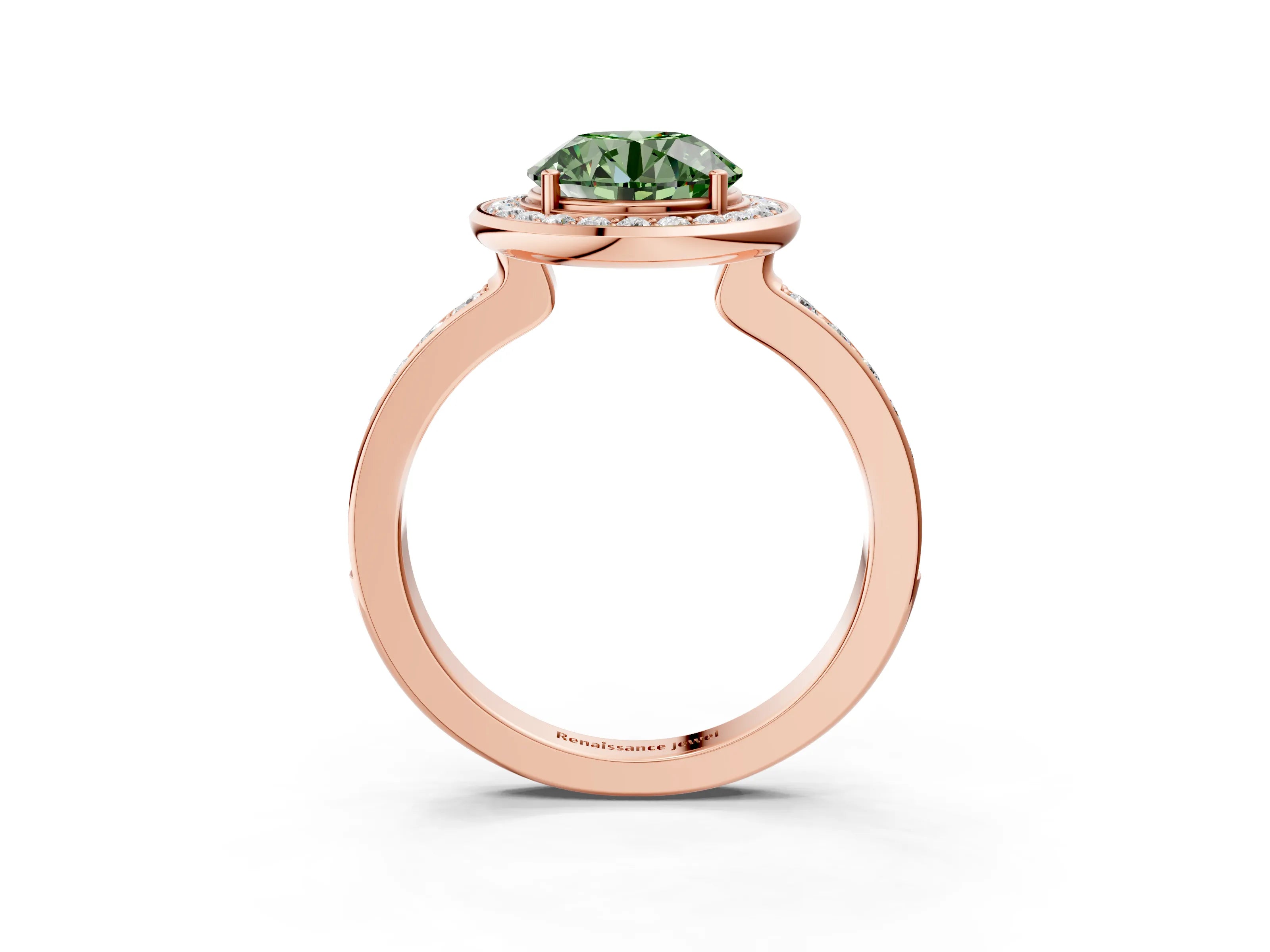 Rose gold Fancy Green Round Cut Diamond Halo Ring with Bezel Frame and Pavé Band_3