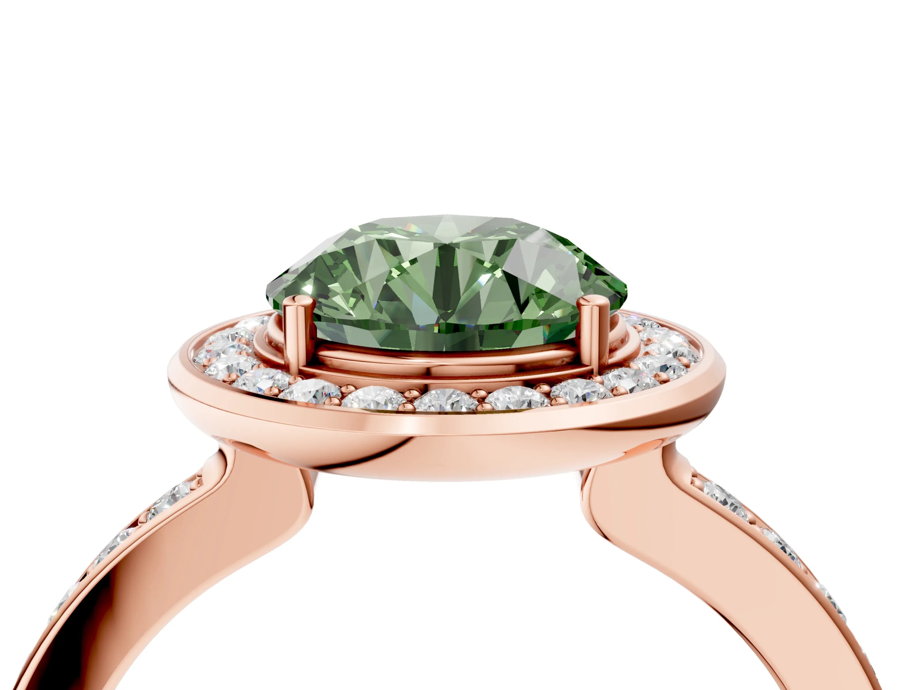 Rose gold Fancy Green Round Cut Diamond Halo Ring with Bezel Frame and Pavé Band_4