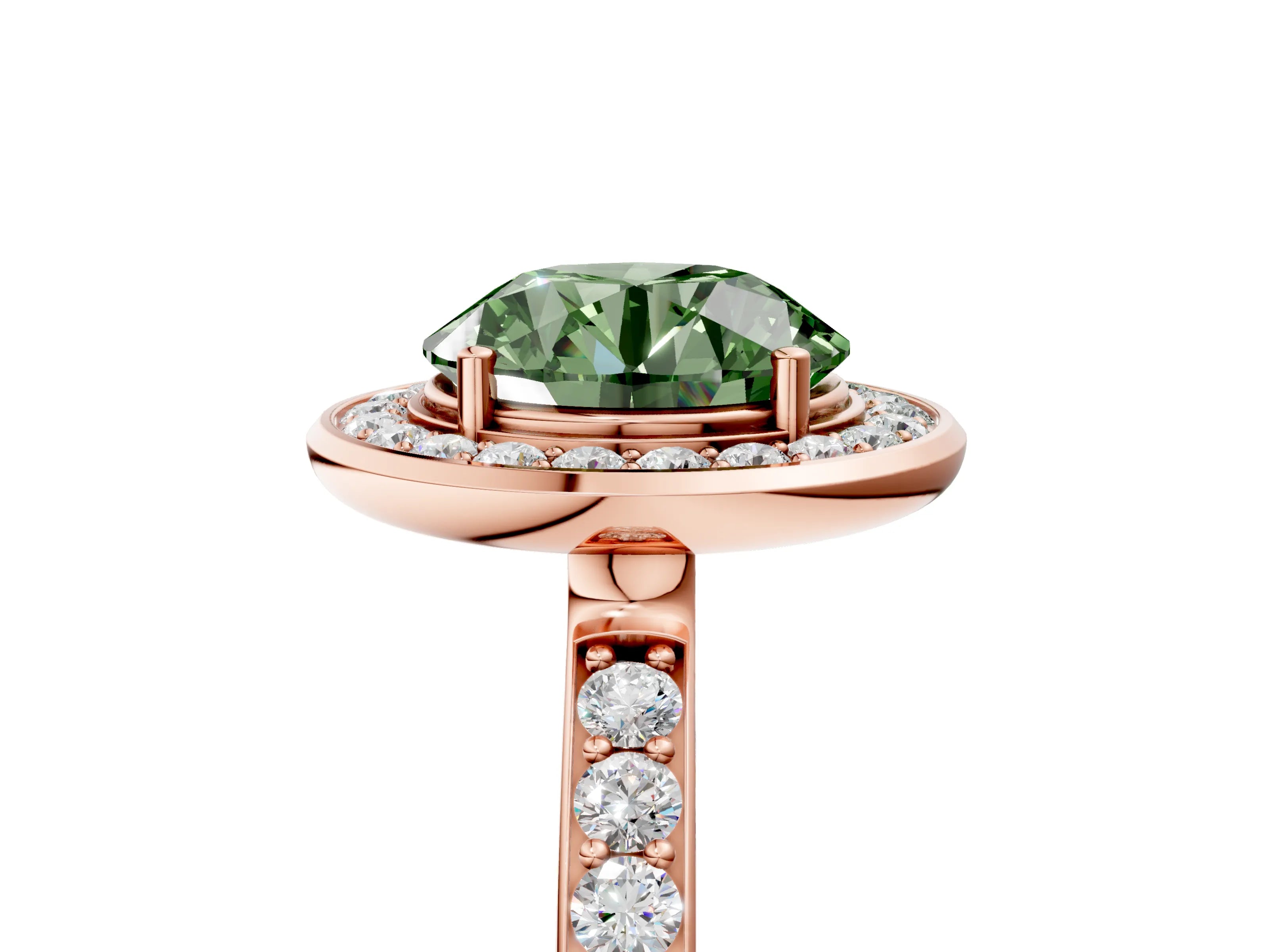 Rose gold Fancy Green Round Cut Diamond Halo Ring with Bezel Frame and Pavé Band_5