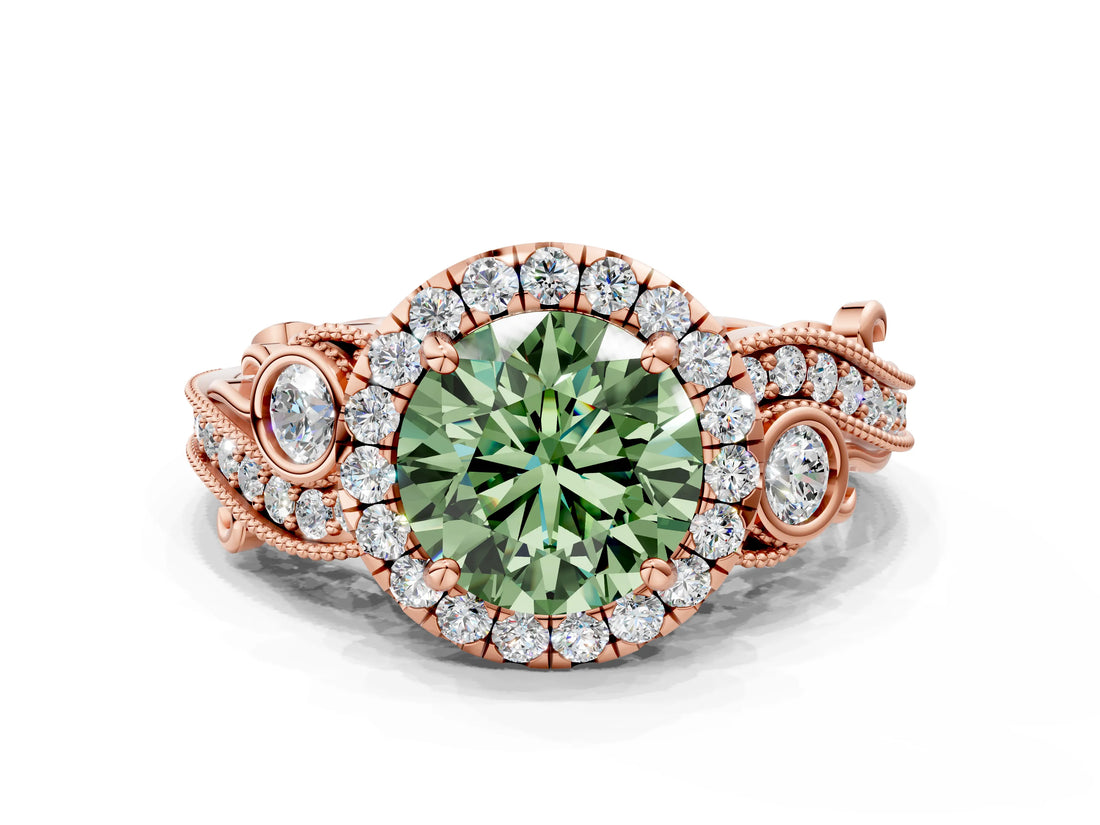 Rose gold Fancy Green Round Cut Diamond Halo Ring with Milgrain Pavé Band and Four-Prong Setting_52