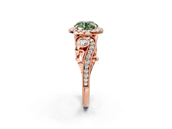 Rose Gold Round Halo Engagement Ring Setting for Fancy Green Center with Bezel Accents