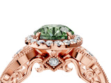 Rose gold Fancy Green Round Cut Diamond Halo Ring with Milgrain Pavé Band and Four-Prong Setting_56