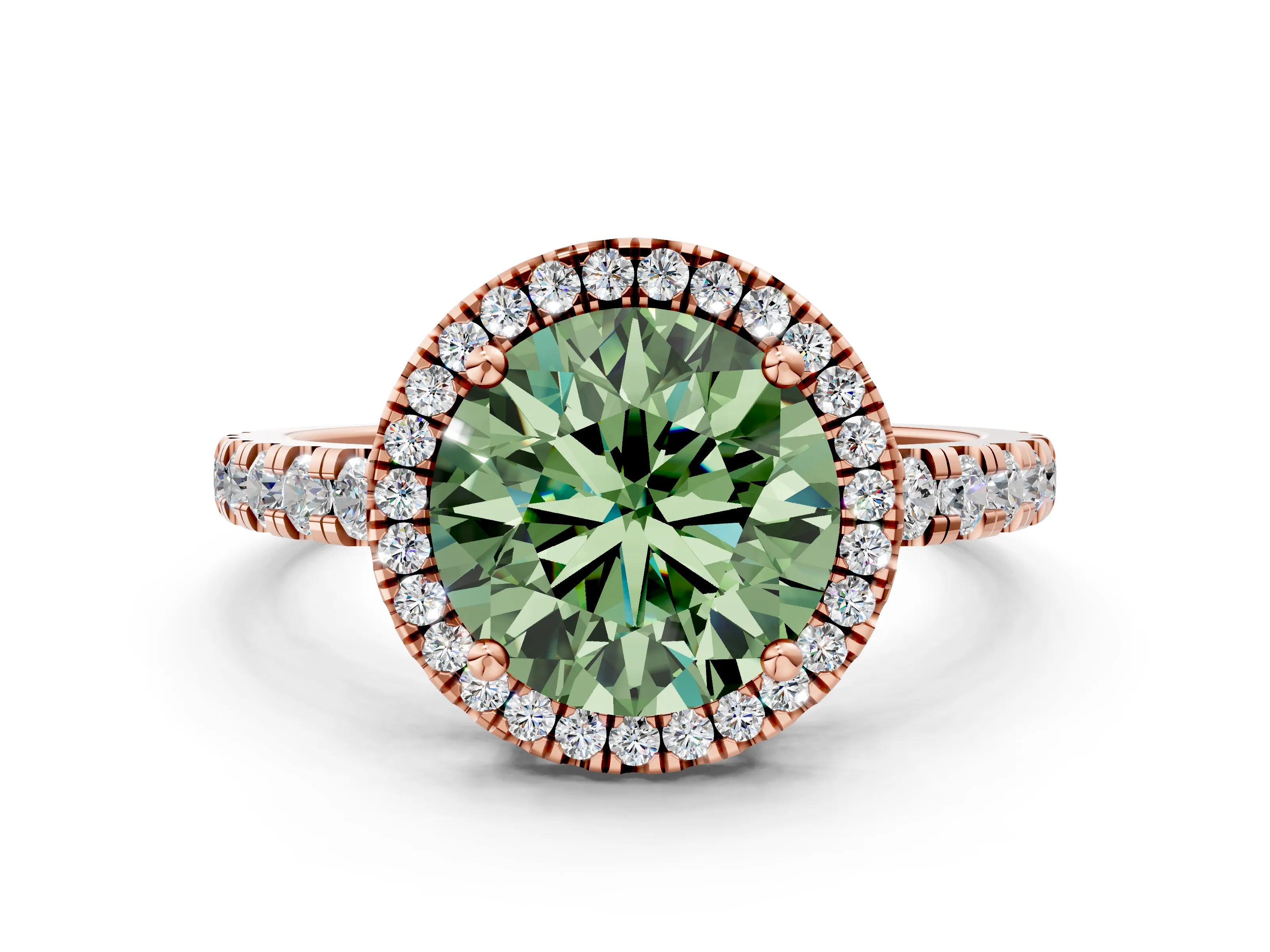 Rose gold Fancy Green Round Cut Diamond Halo Ring with Pavé Band and Four-Prong Setting