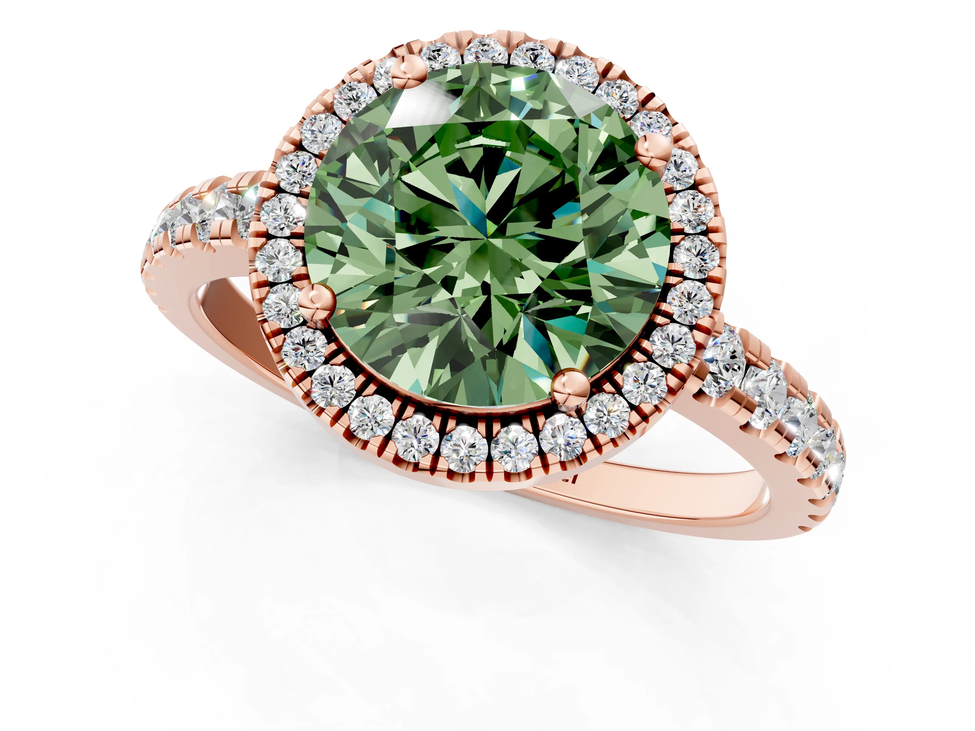 Rose gold Fancy Green Round Cut Diamond Halo Ring with Pavé Band and Four-Prong Setting_1