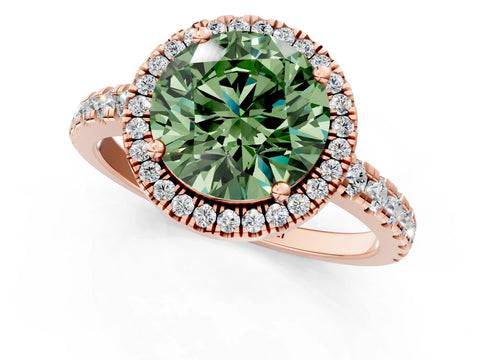 Rose gold Fancy Green Round Cut Diamond Halo Ring with Pavé Band and Four-Prong Setting_1