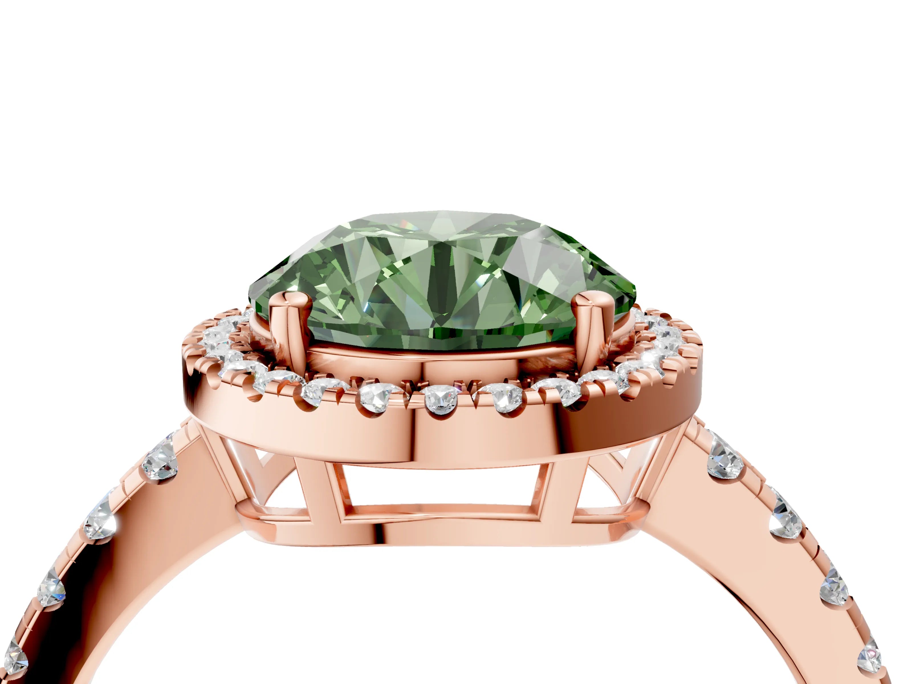 Rose gold Fancy Green Round Cut Diamond Halo Ring with Pavé Band and Four-Prong Setting_4