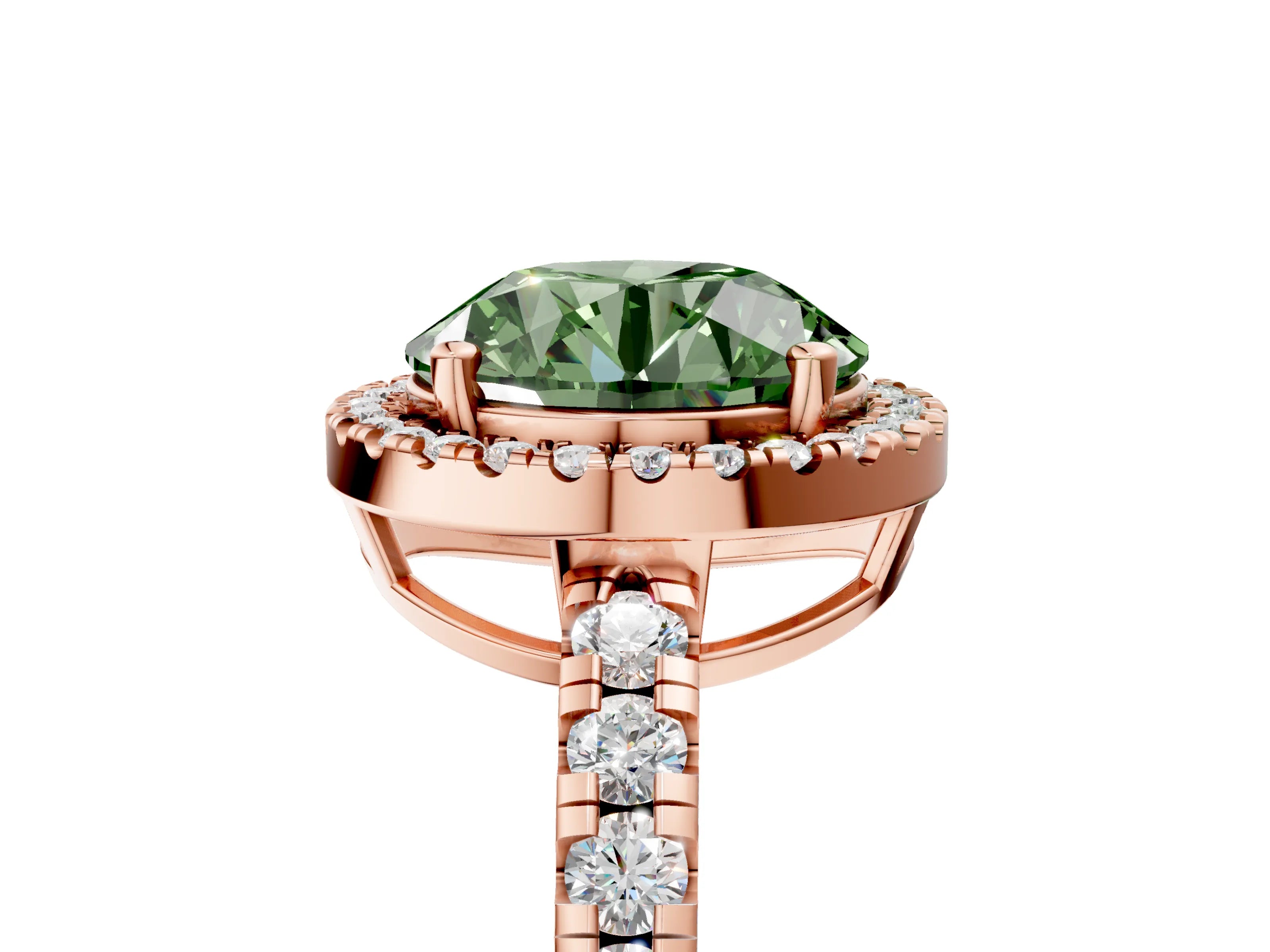 Rose gold Fancy Green Round Cut Diamond Halo Ring with Pavé Band and Four-Prong Setting_5