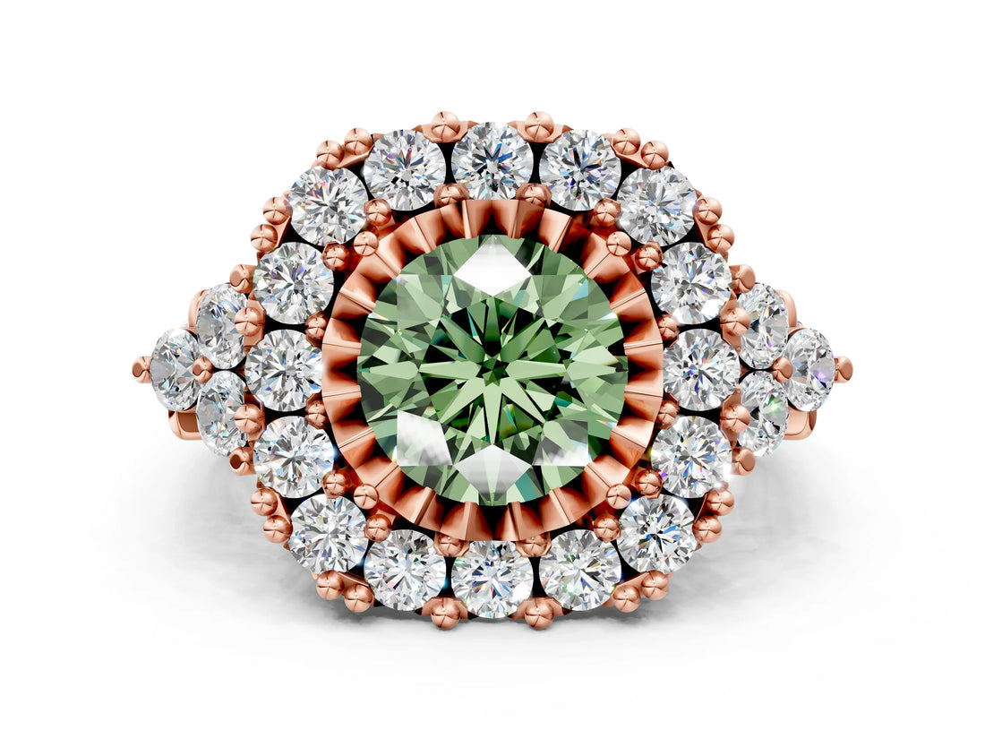 Rose gold Fancy Green Round Cut Diamond Halo Ring with Pavé Band and Four-Prong Setting_57