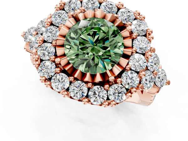 Rose gold Fancy Green Round Cut Diamond Halo Ring with Pavé Band and Four-Prong Setting