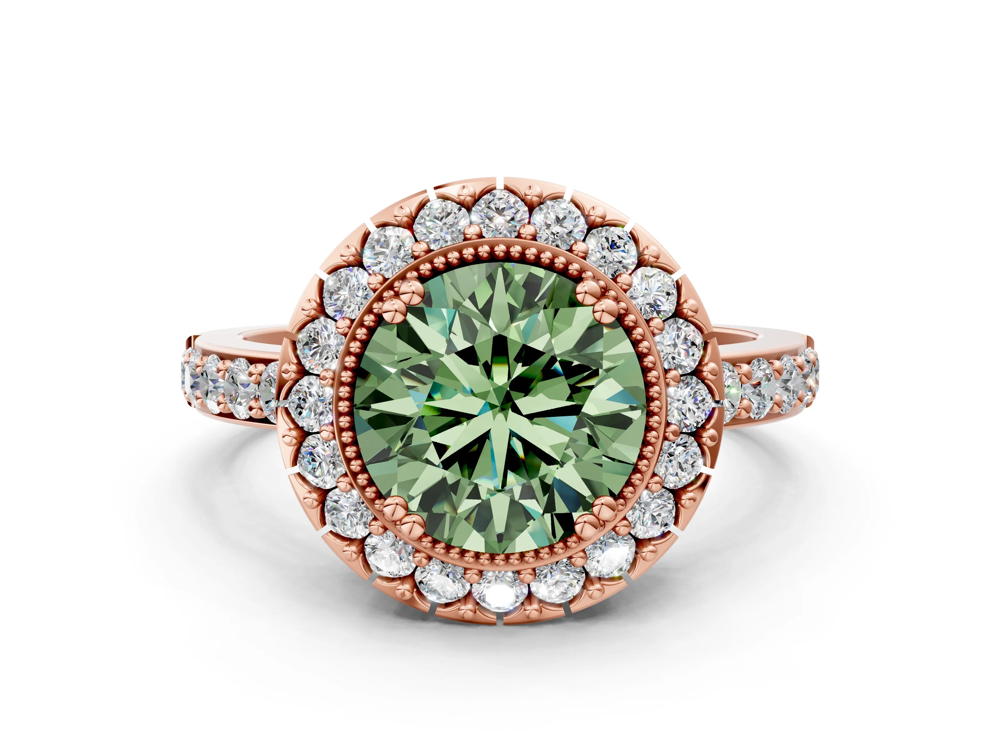 Rose gold Fancy Green Round Cut Diamond Halo Ring with Pavé Band and Prong Setting