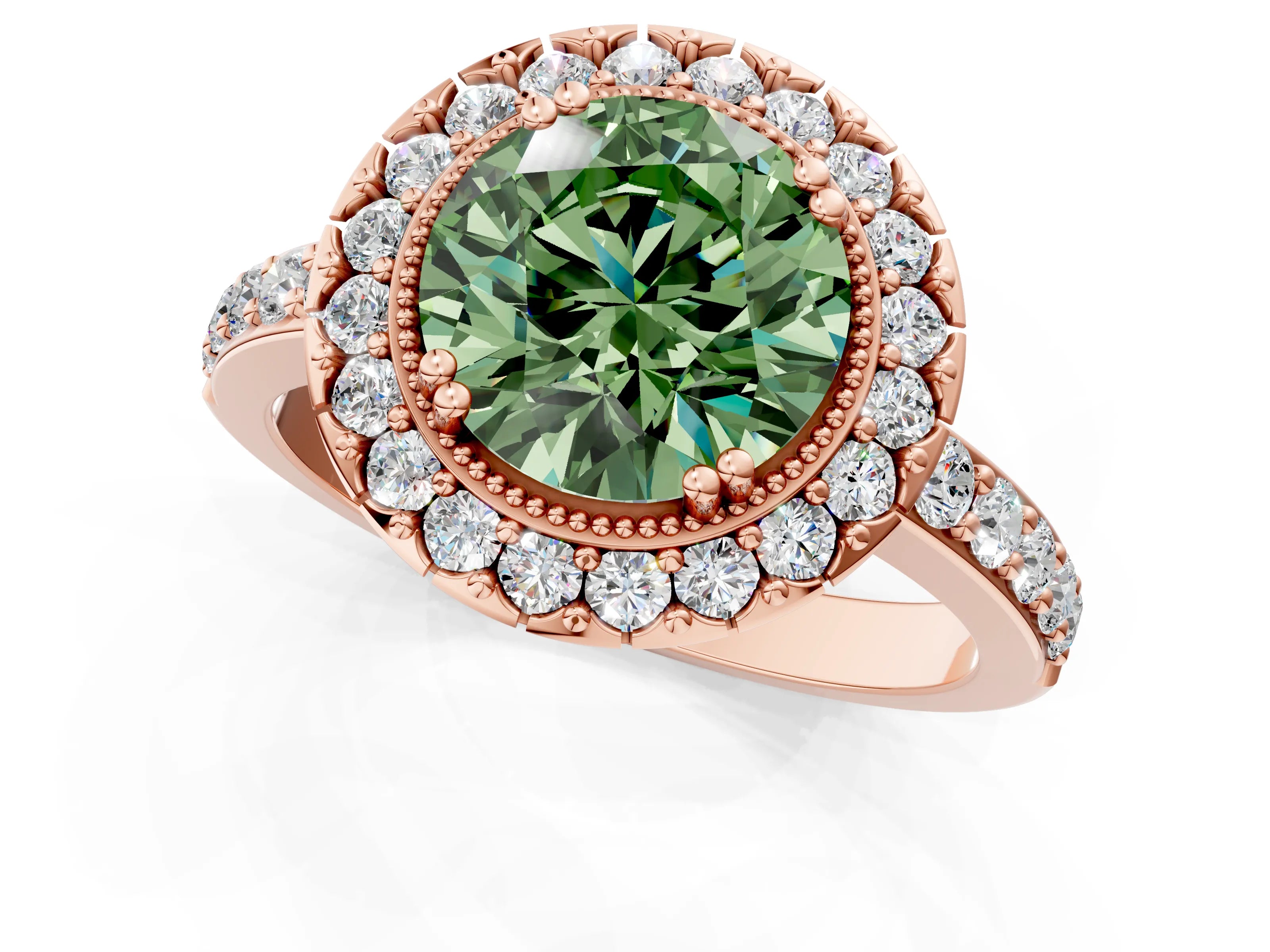 Rose gold Fancy Green Round Cut Diamond Halo Ring with Pavé Band and Prong Setting_1
