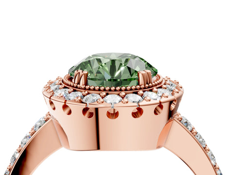 Rose gold Fancy Green Round Cut Diamond Halo Ring with Pavé Band and Prong Setting_4