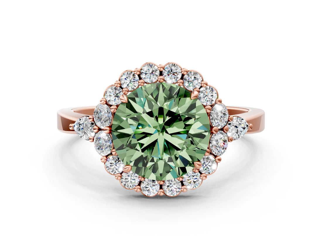 Rose gold Fancy Green Round Cut Diamond Halo Ring with Pear Side Stones and Prong Setting_67