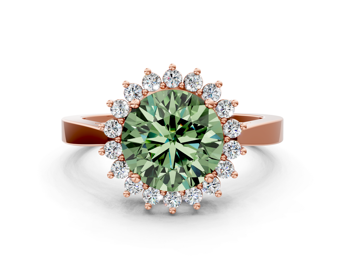 Rose gold Fancy Green Round  Cut Diamond Halo Ring with Round Brilliant Halo and Solitaire Band_87