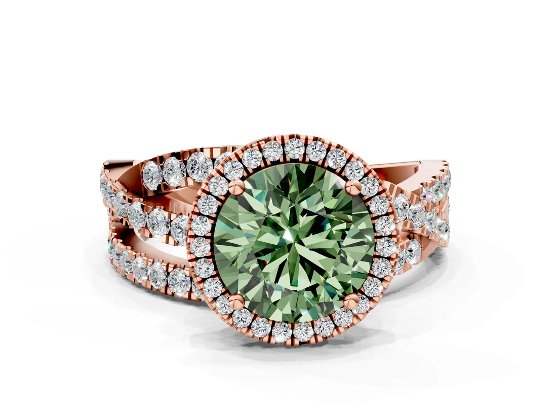 Rose gold Fancy Green Round Cut Diamond Halo Ring with Round Split Shank and Prong Setting_36