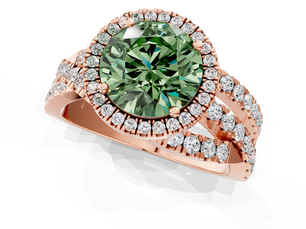 Rose Gold Round Halo Engagement Ring Setting for Fancy Green Center with Twisted Pave Split Shank