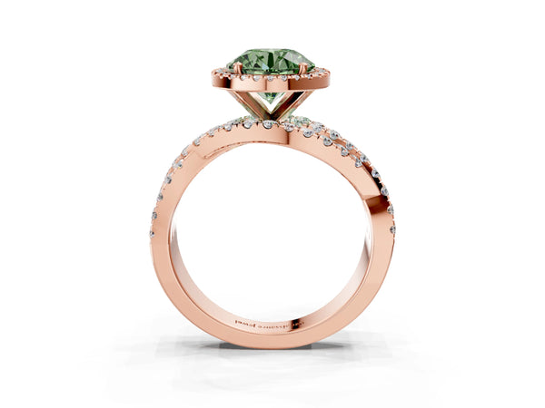 Rose Gold Round Halo Engagement Ring Setting for Fancy Green Center with Twisted Pave Split Shank
