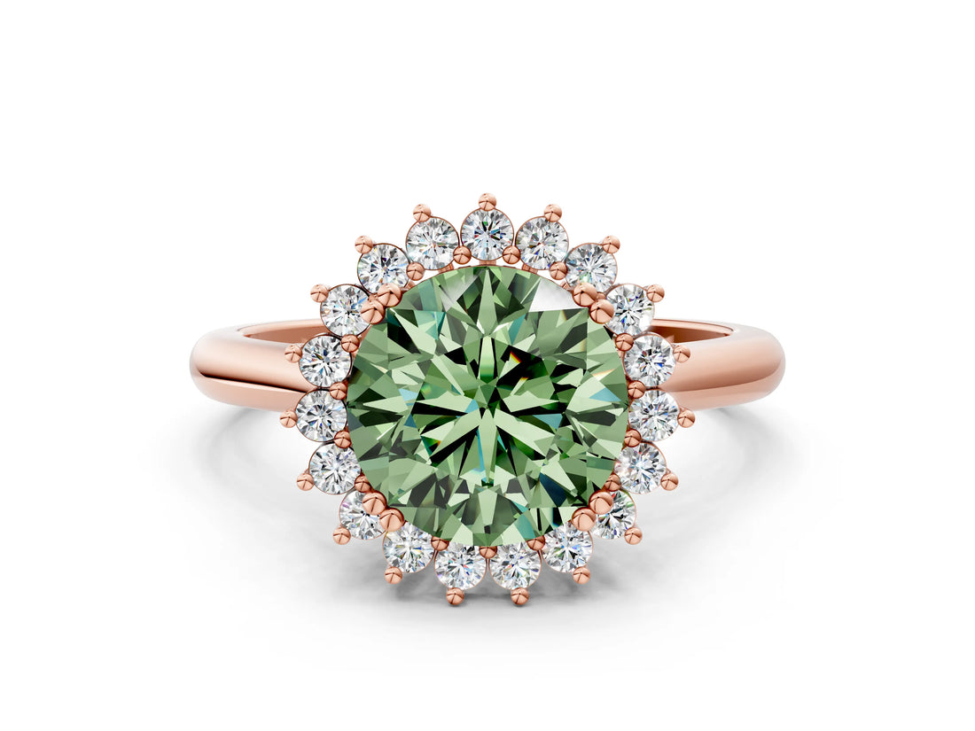 Rose gold Fancy Green Round  Cut Diamond Halo Ring with Solitaire Band and Prong Setting_75