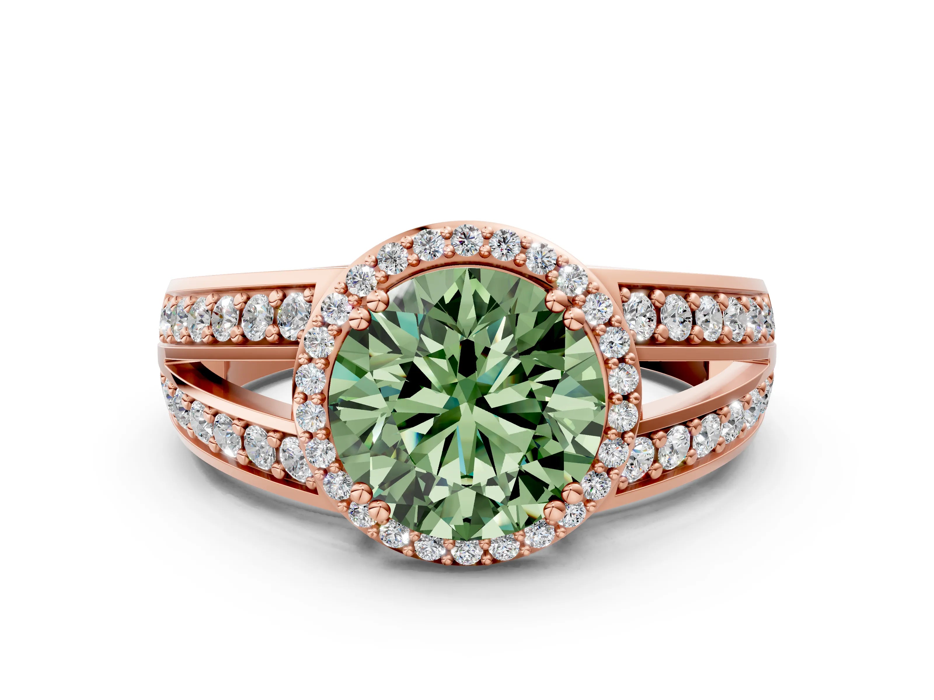 Rose gold Fancy Green Round Cut Diamond Halo Ring with Split Shank Pavé Band and Four-Prong Setting