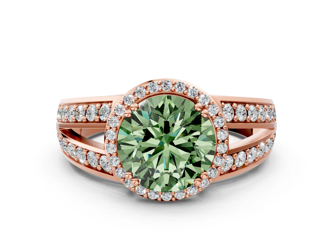 Rose gold Fancy Green Round Cut Diamond Halo Ring with Split Shank Pavé Band and Four-Prong Setting