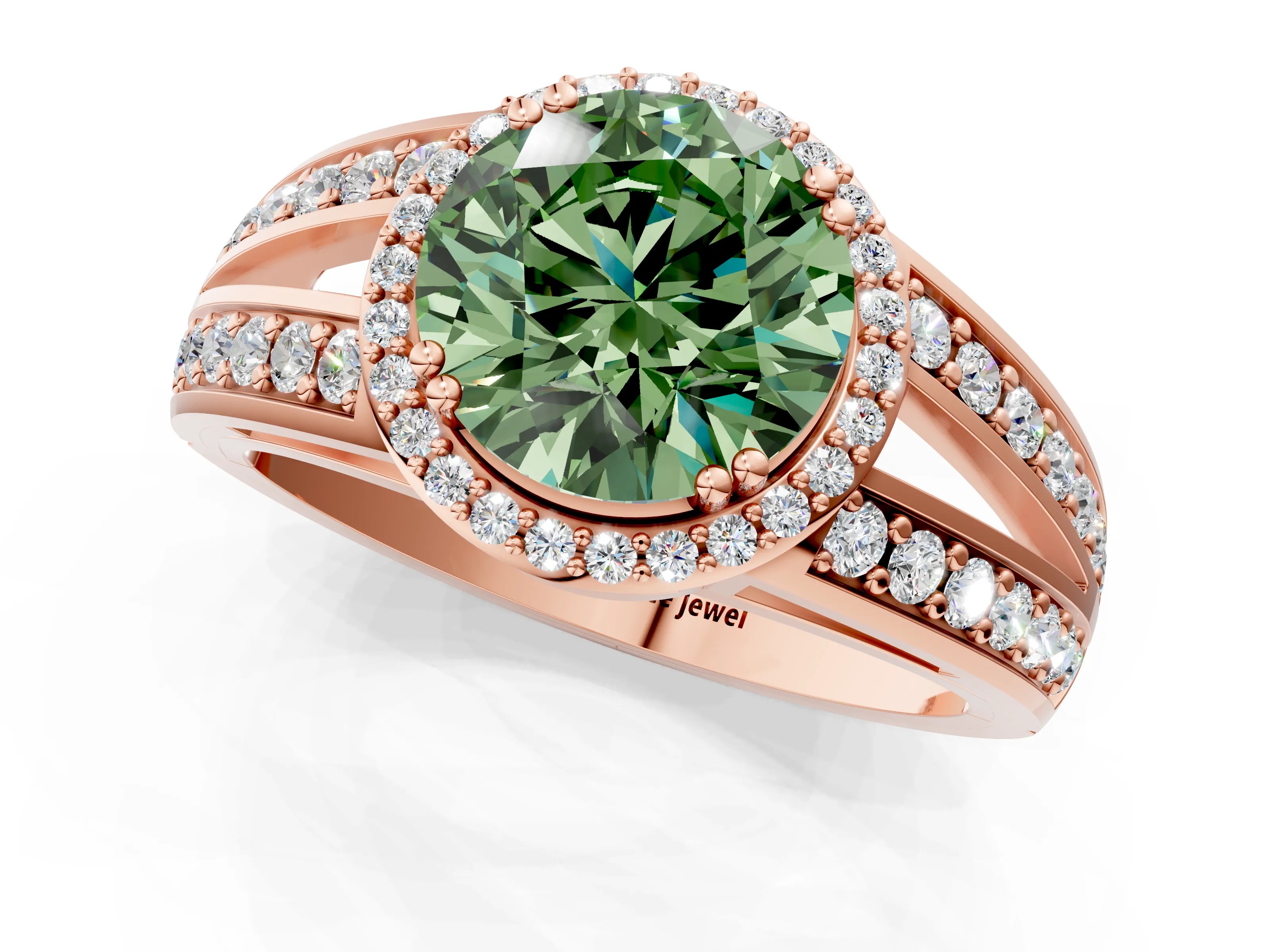 Rose gold Fancy Green Round Cut Diamond Halo Ring with Split Shank Pavé Band and Four-Prong Setting_1