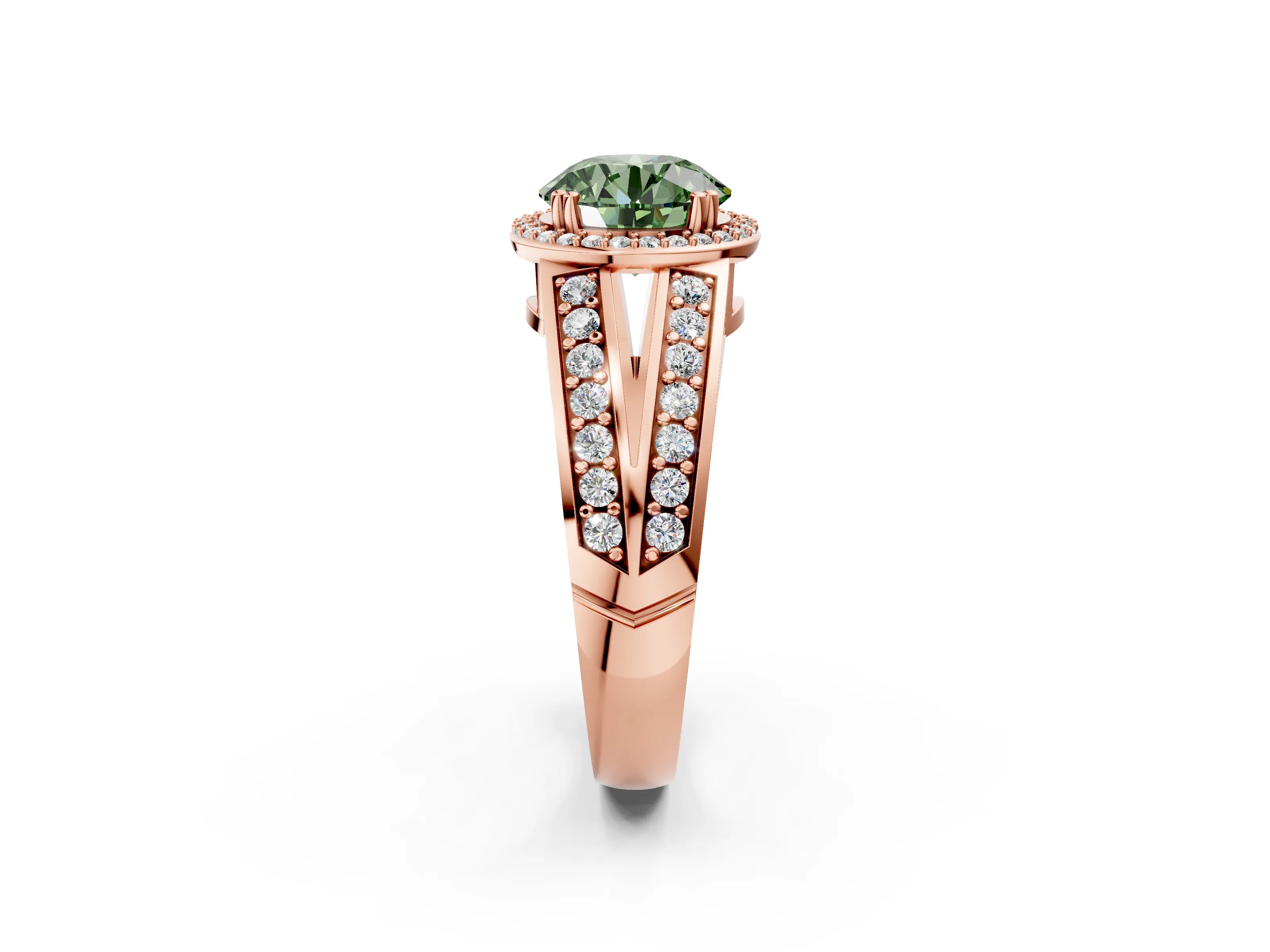 Rose gold Fancy Green Round Cut Diamond Halo Ring with Split Shank Pavé Band and Four-Prong Setting_2
