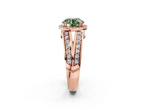 Rose gold Fancy Green Round Cut Diamond Halo Ring with Split Shank Pavé Band and Four-Prong Setting_2