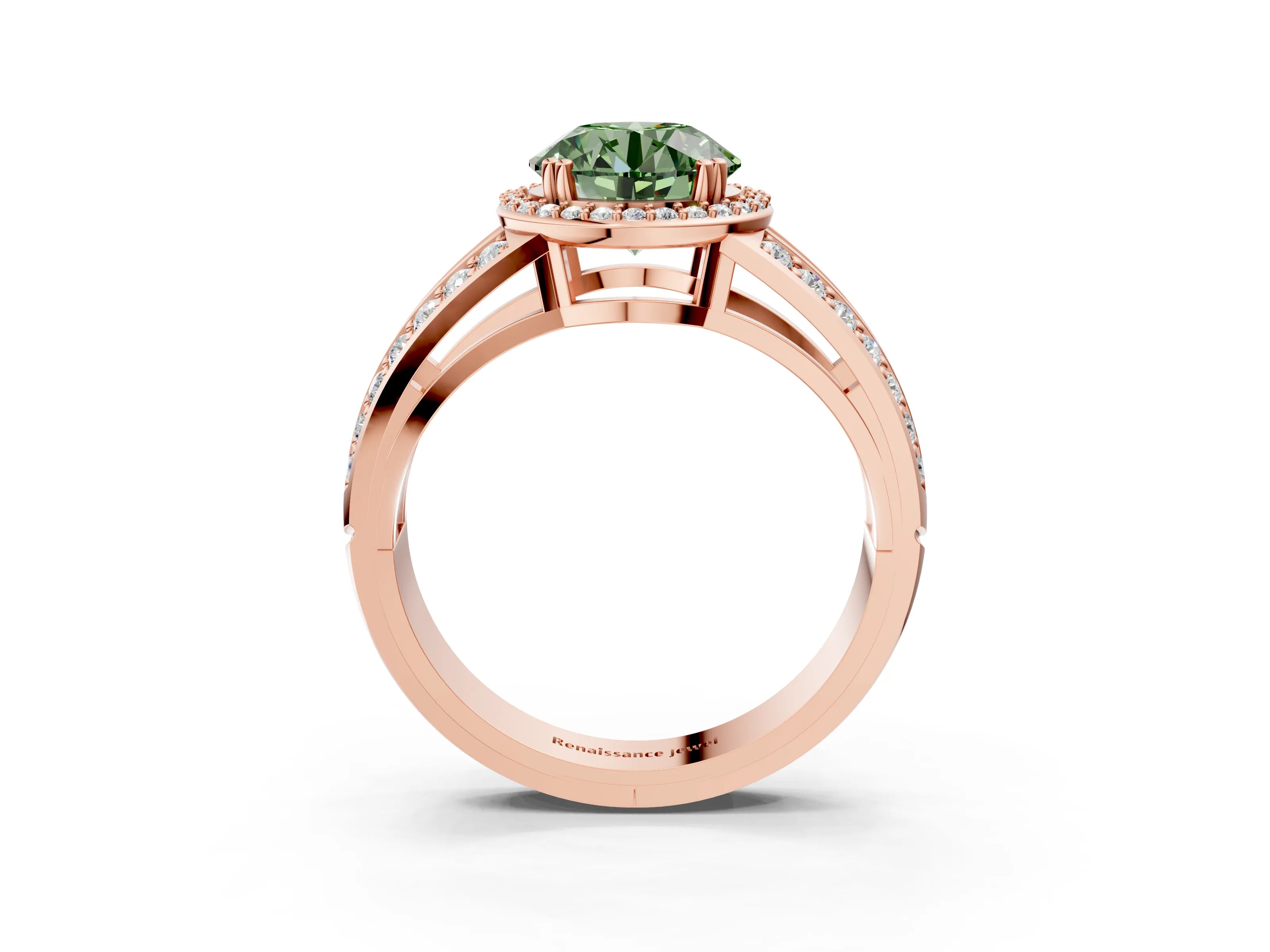 Rose gold Fancy Green Round Cut Diamond Halo Ring with Split Shank Pavé Band and Four-Prong Setting_3