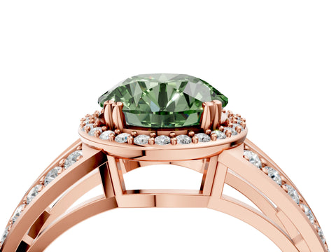 Rose gold Fancy Green Round Cut Diamond Halo Ring with Split Shank Pavé Band and Four-Prong Setting_4