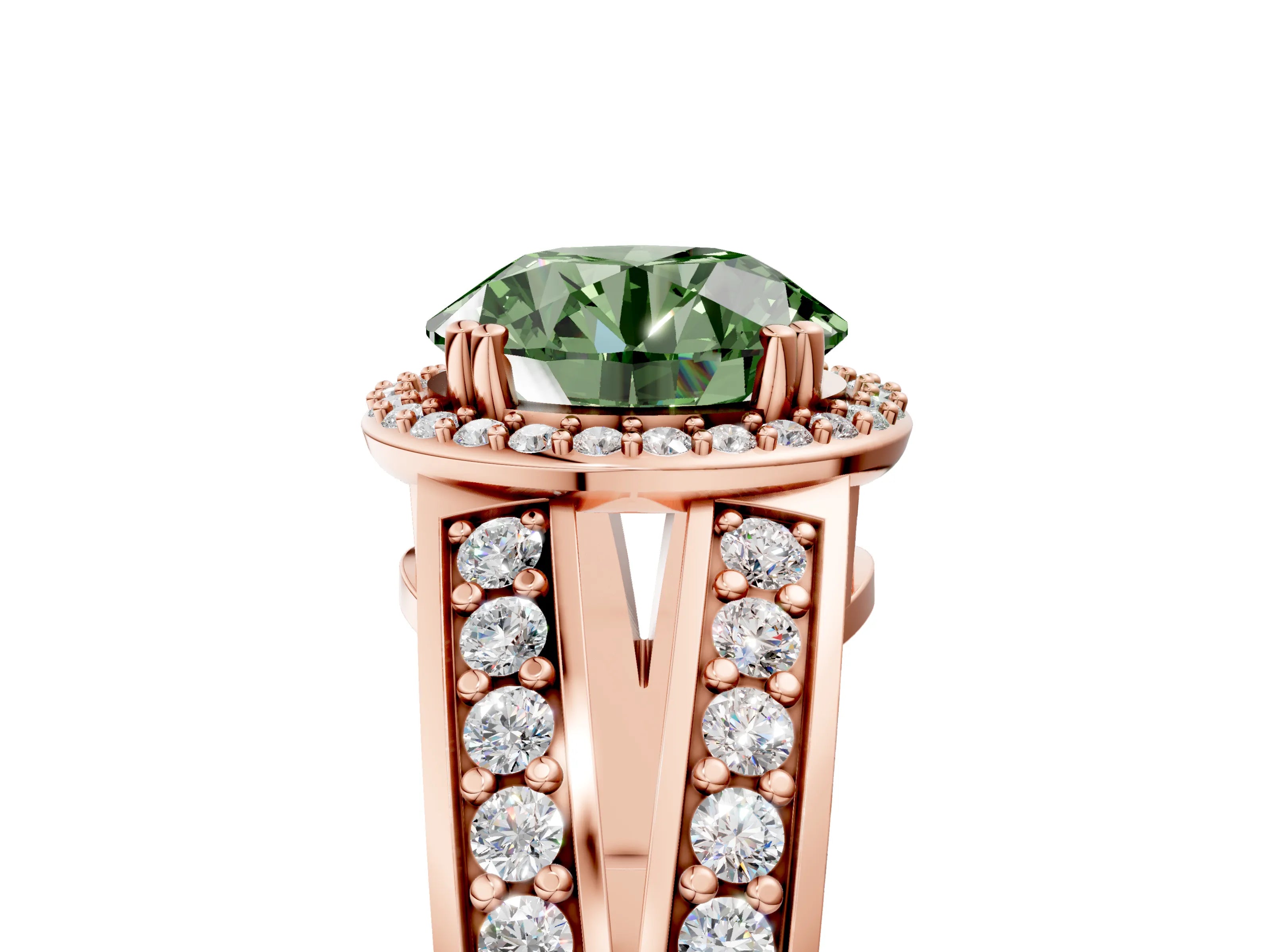Rose gold Fancy Green Round Cut Diamond Halo Ring with Split Shank Pavé Band and Four-Prong Setting_5