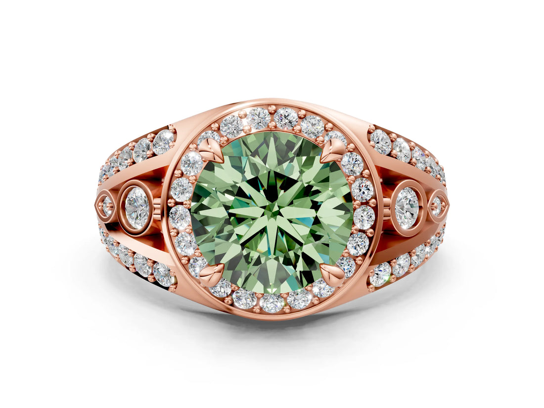 Rose gold Fancy Green Round Cut Diamond Halo Ring with Split Shank and Bezel Accents and Four-Prong Setting