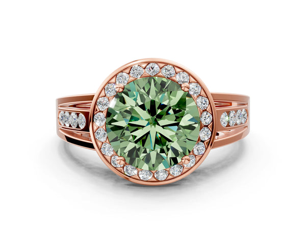 Rose Gold Round Channel Set Halo Engagement Ring Setting for Fancy Green Center