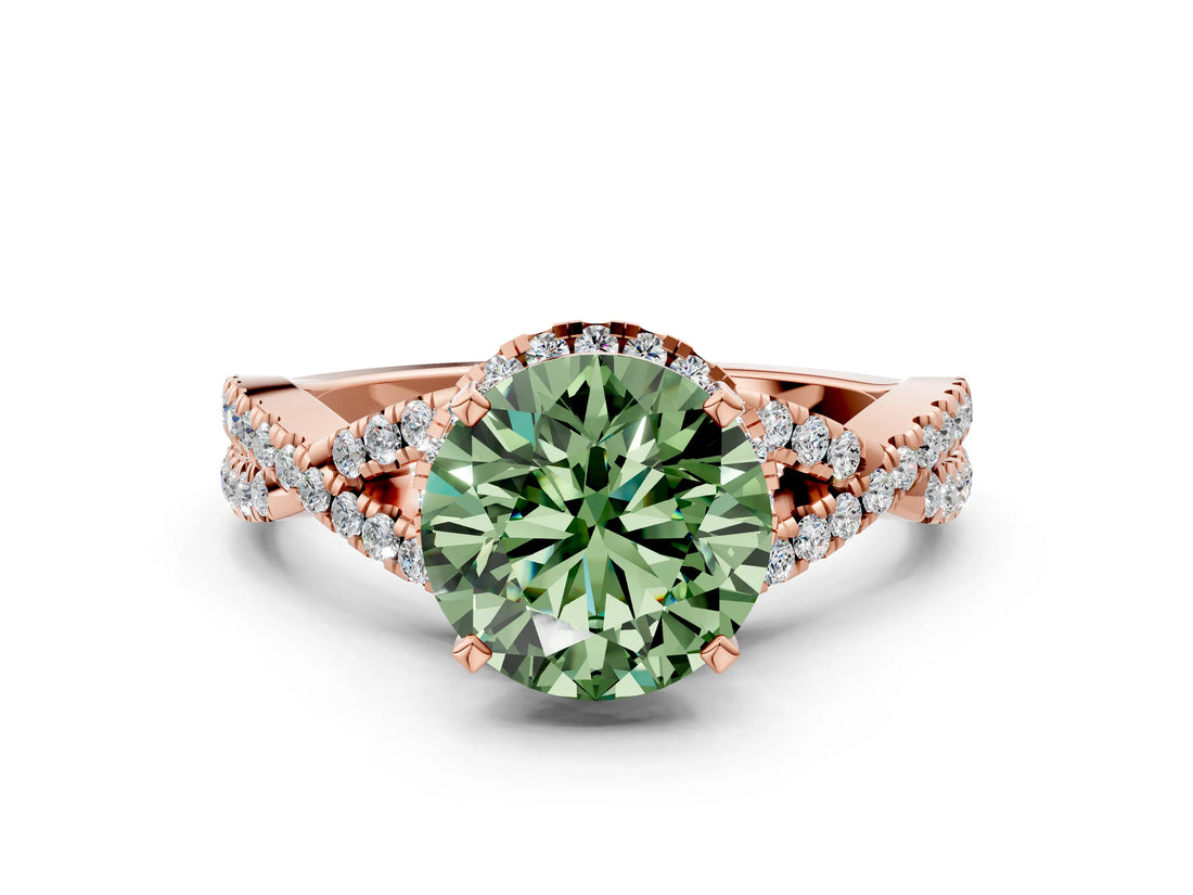 Rose gold Fancy Green Round Cut Diamond  Halo Twist Band Solitaire Prong Setting Ring_42