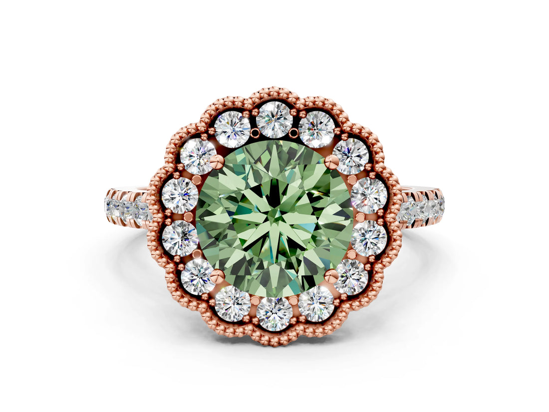 Rose gold Fancy Green Round  Cut Diamond Milgrain Floral Halo Engagement Ring with Pavé Band_15