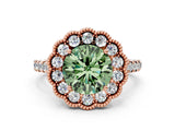 Rose gold Fancy Green Round  Cut Diamond Milgrain Floral Halo Engagement Ring with Pavé Band_15