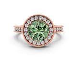 Rose gold Fancy Green Round Cut Diamond Milgrain Halo Engagement Ring with Round Pavé Band and Prong Setting_12