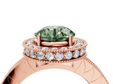 Rose gold Fancy Green Round Cut Diamond Milgrain Halo Engagement Ring with Round Pavé Band and Prong Setting_16